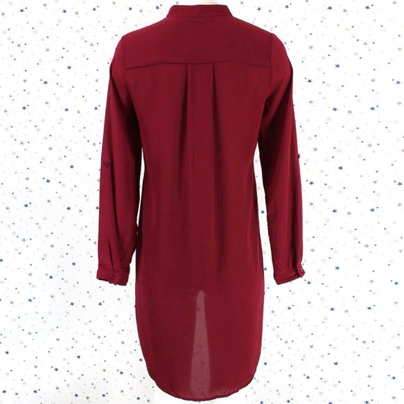 Woven Chiffon Button Up Hi Lo Blouse Shirt Burgundy - Picture 7 of 8